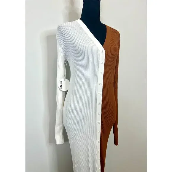 STAUD Shoko Sweater Dress Tan/White Size XL Knit Ribbed Button Front Long Sleeve - Picture 4 of 6